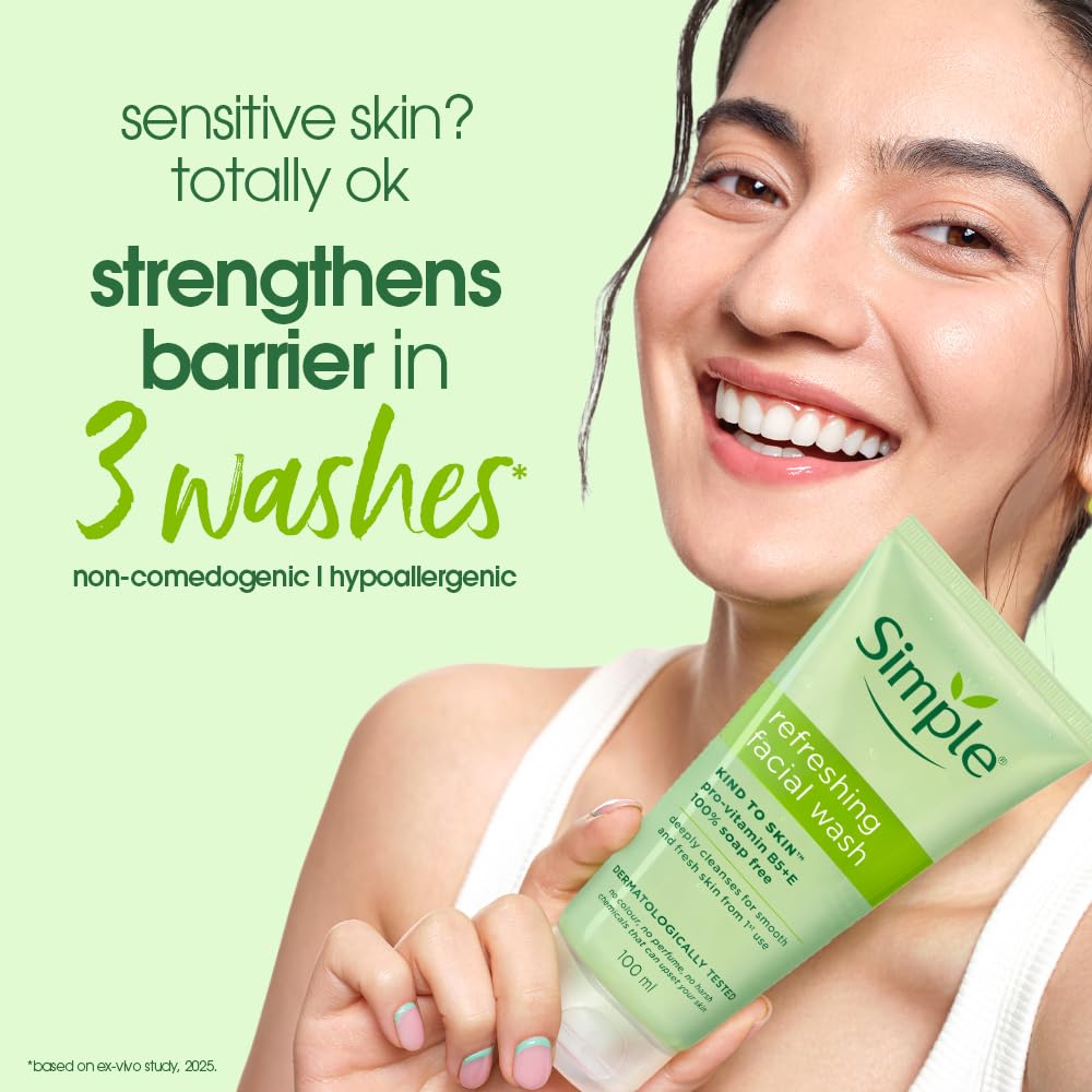 Simple Kind To Skin Refreshing Facial Wash 150 ml | 100% Soap-Free Facewash that doesn't dry out your skin| For All Skin Types