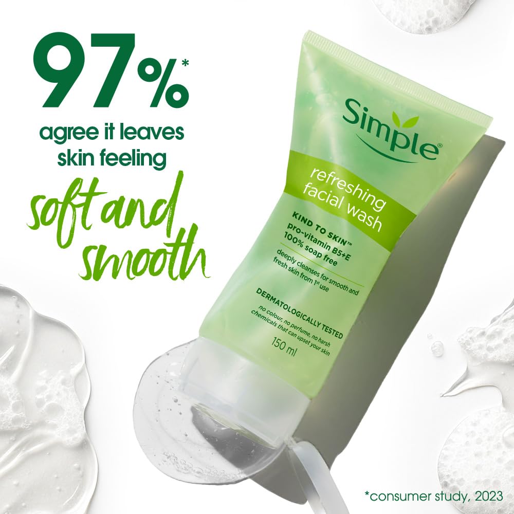 Simple Kind To Skin Refreshing Facial Wash 150 ml | 100% Soap-Free Facewash that doesn't dry out your skin| For All Skin Types