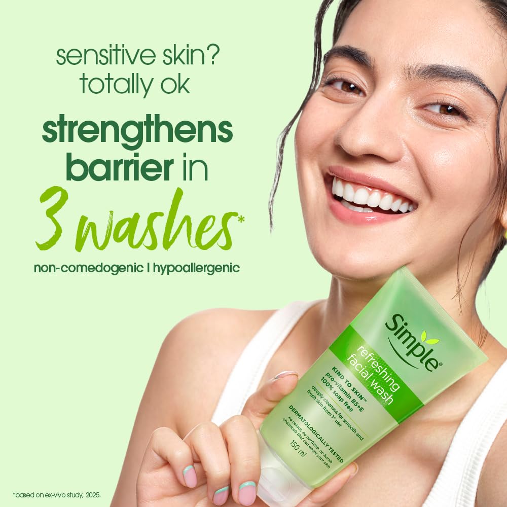 Simple Kind To Skin Refreshing Facial Wash 150 ml | 100% Soap-Free Facewash that doesn't dry out your skin| For All Skin Types