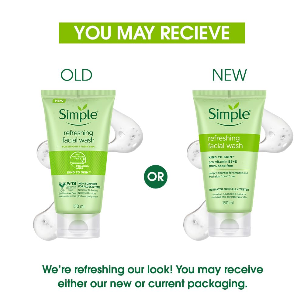Simple Kind To Skin Refreshing Facial Wash 150 ml | 100% Soap-Free Facewash that doesn't dry out your skin| For All Skin Types