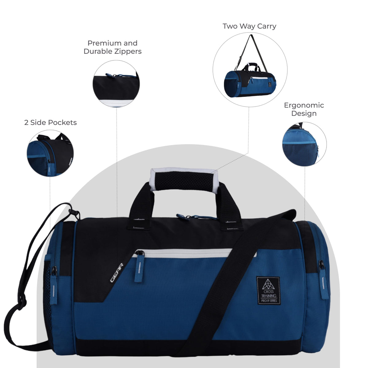 Gear Cross Training 9"/29L Large Water Resistant Duffle Bag | Travel Bag | Gym Bag for Men & Women (Black - Grey)