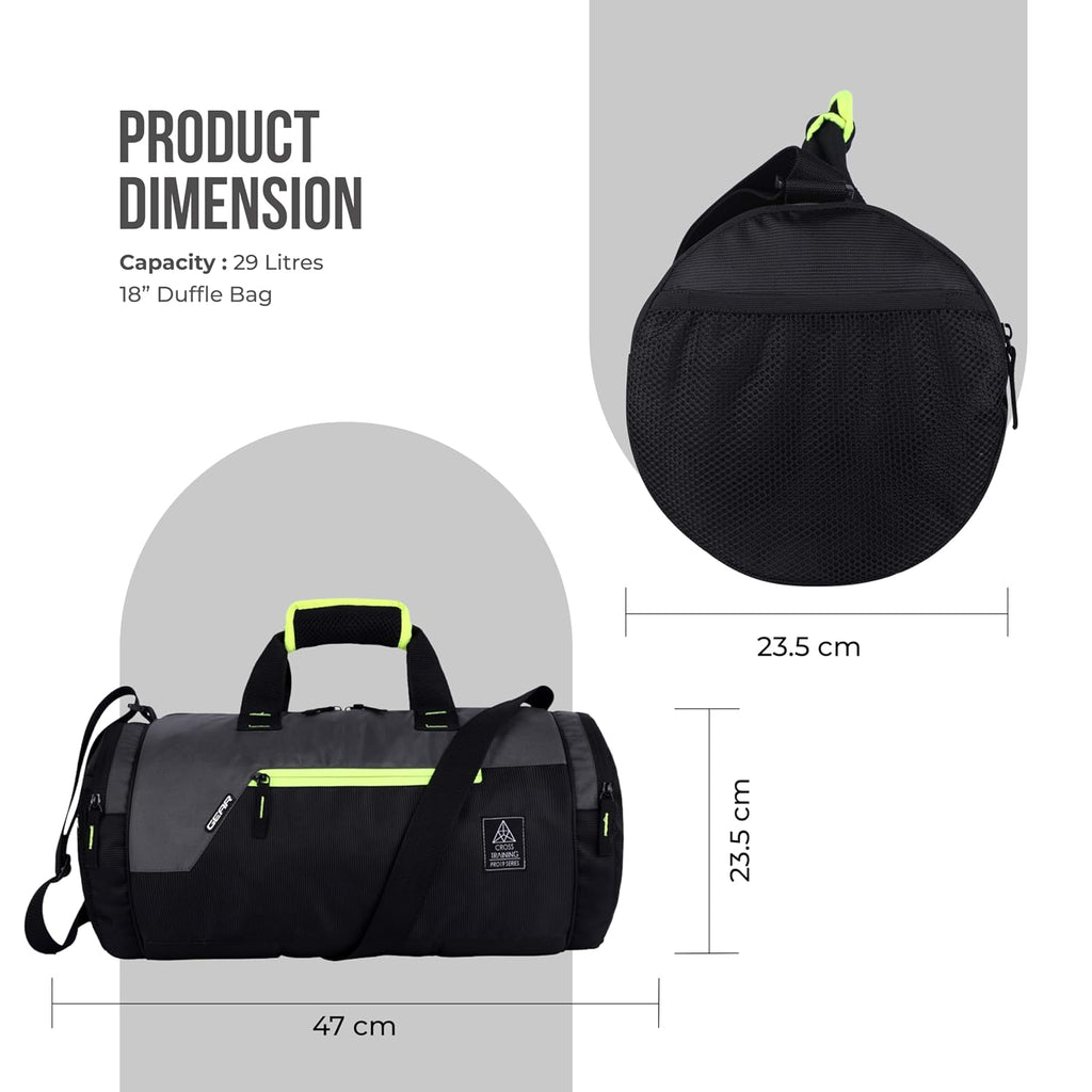Gear Cross Training 9"/29L Large Water Resistant Duffle Bag | Travel Bag | Gym Bag for Men & Women (Black - Grey)