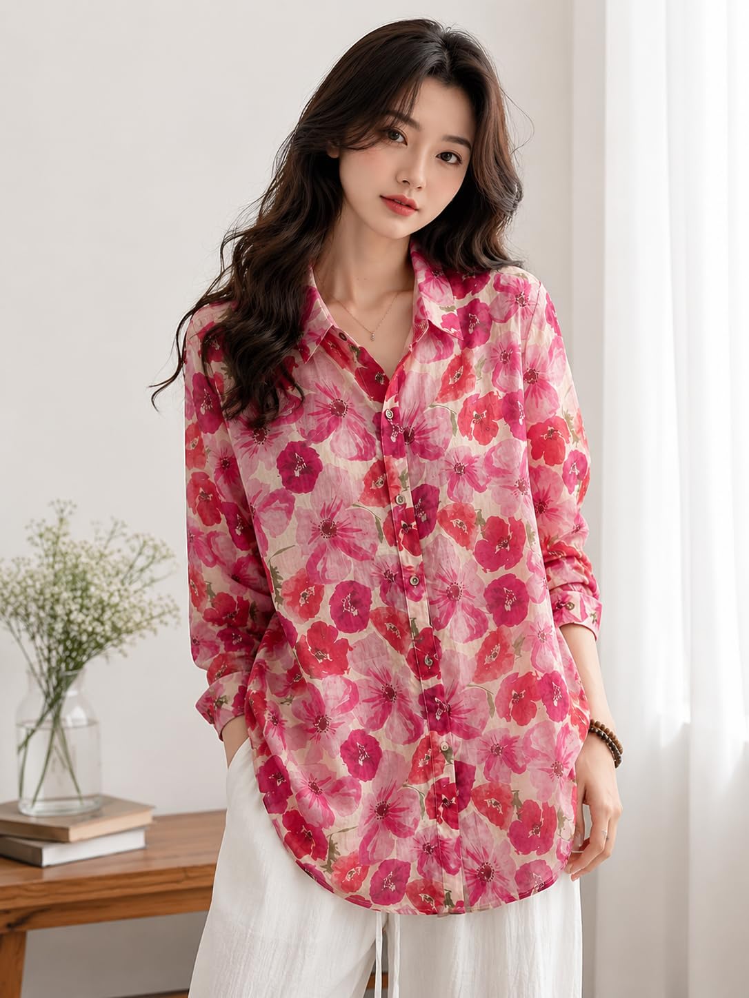 Women's Printed Casual Shirt | Loose Fit Button Down Collared Shirt | Soft & Lightweight Everyday Wear Top