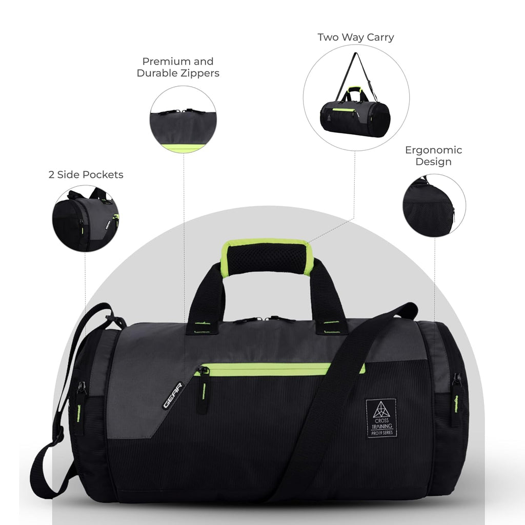 Gear Cross Training 9"/29L Large Water Resistant Duffle Bag | Travel Bag | Gym Bag for Men & Women (Black - Grey)