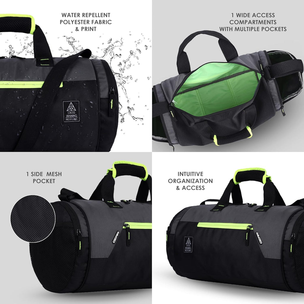 Gear Cross Training 9"/29L Large Water Resistant Duffle Bag | Travel Bag | Gym Bag for Men & Women (Black - Grey)