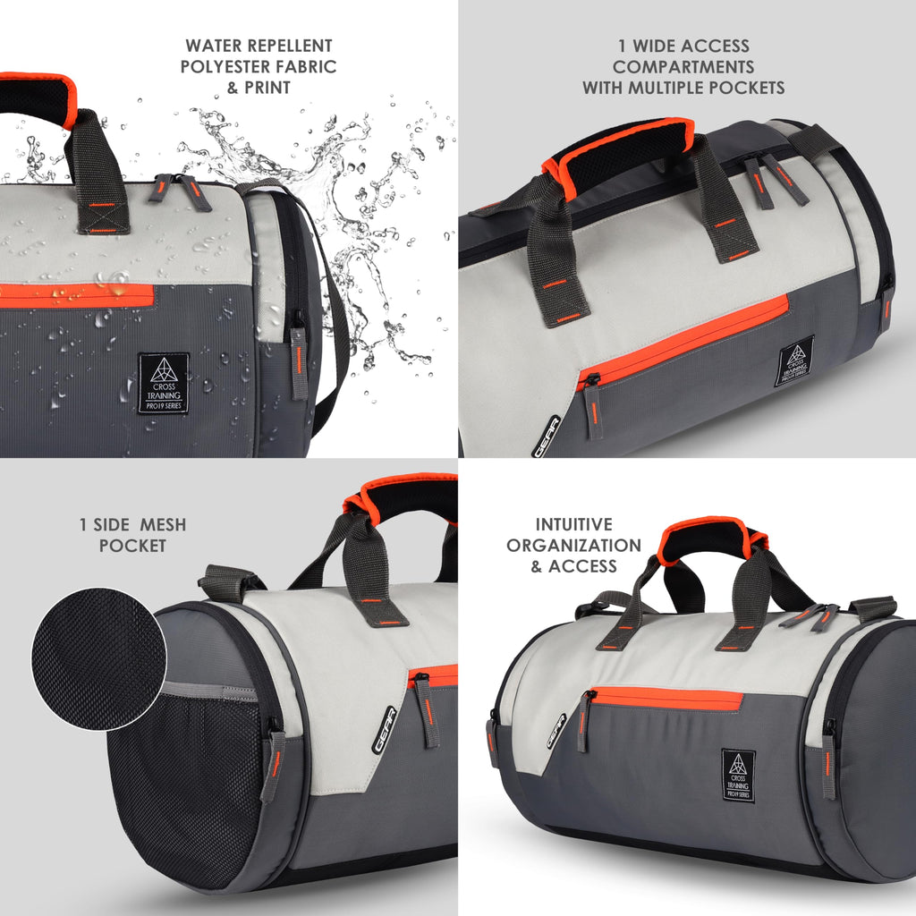 Gear Cross Training 9"/29L Large Water Resistant Duffle Bag | Travel Bag | Gym Bag for Men & Women (Black - Grey)