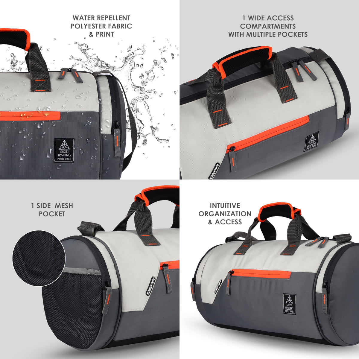 Gear Cross Training 9"/29L Large Water Resistant Duffle Bag | Travel Bag | Gym Bag for Men & Women (Black - Grey)